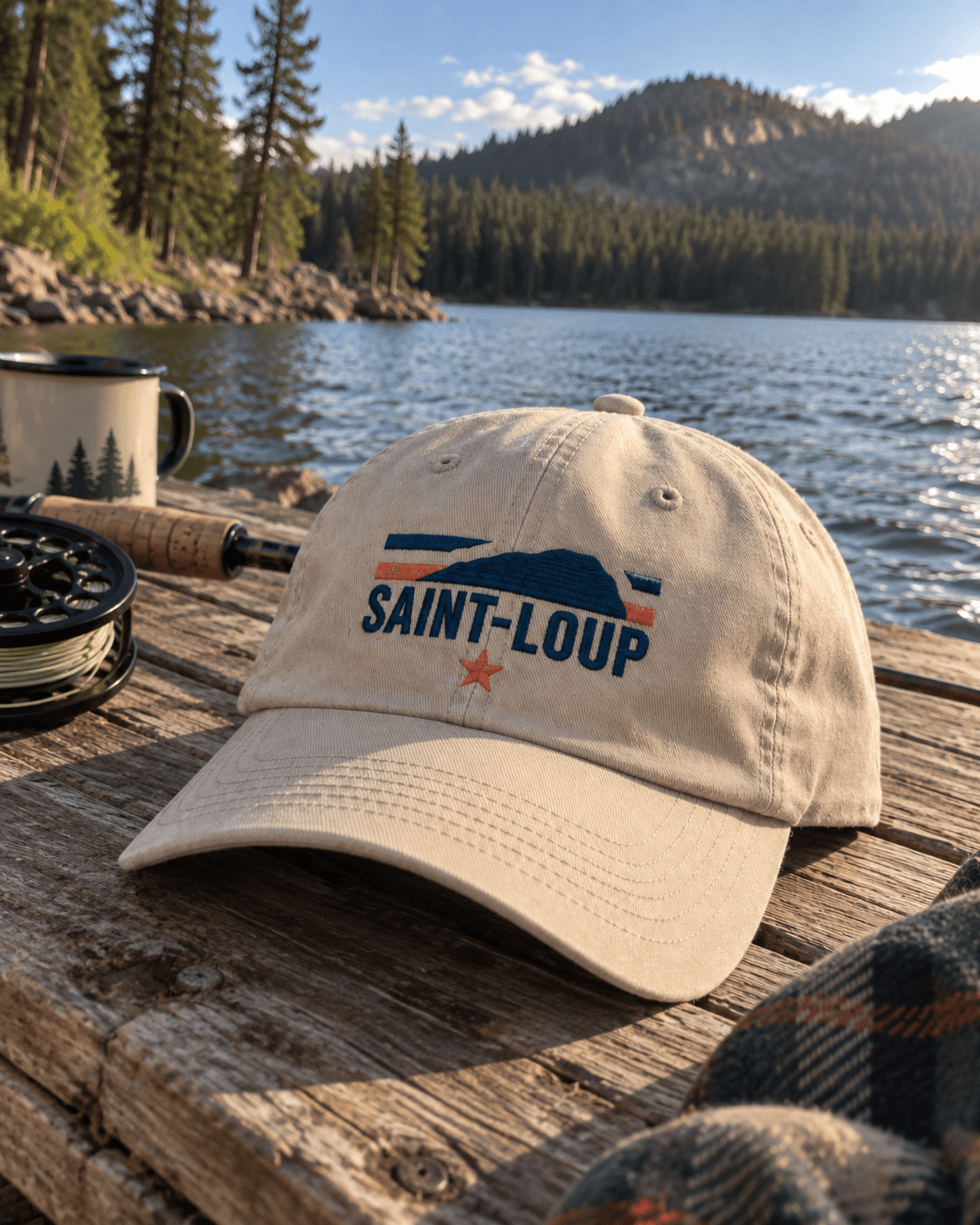 Saint-Loup embroidered dad hat resting on a dock beside a lake, with fly fishing gear nearby
