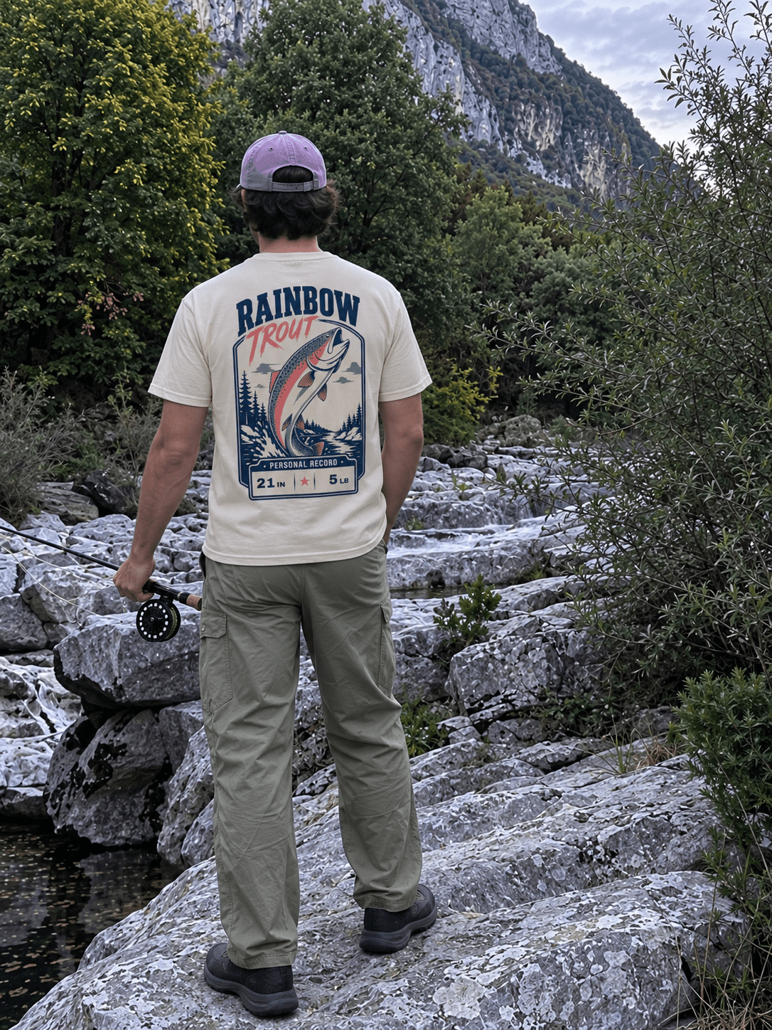 Angler wearing the Saint-Loup tee, full Rainbow Trout personal-record print visible on the back, standing streamside